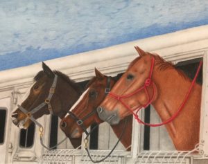 Horses in trailer colored pencil painting